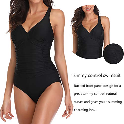 Ruched Tummy Control One Piece Swimsuit Swimwear Retro Vintage Bikini Bathing Suit Swimming Costume for Women, Black-oz, L(UK 12)