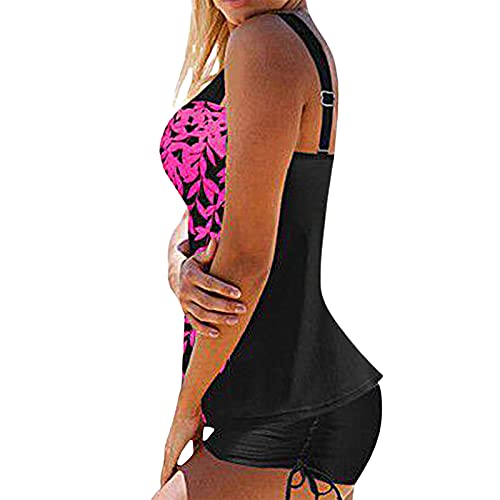 Women's Swimming Two Piece Tankini Sets Push up Tummy Control High Waisted Swimsuits 2 Piece Swimwear Bathing Suit Beach Wear Tankini Top with Shorts for Ladies (bobo Bikini Rose Red, M)