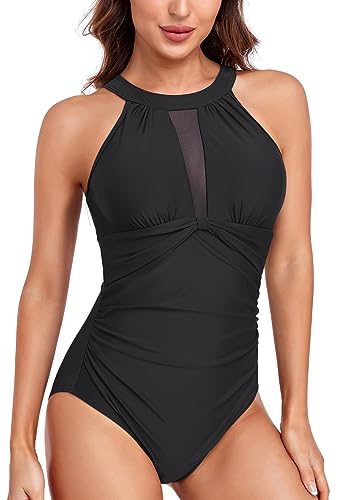 Vevarble Swimming Costume Women Mesh Inset Slimming One Piece Swimsuit Tummy Control Swimwear Beach Bathing Suit B-XL