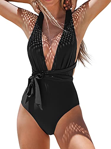 CUPSHE Women's One Piece Swimsuit Deep Plunge Crisscross Back Self Tie Swimwear Bathing Suit Swimming Costume Black L