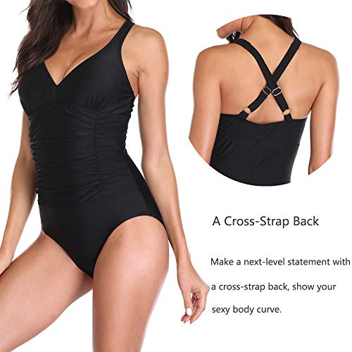 Ruched Tummy Control One Piece Swimsuit Swimwear Retro Vintage Bikini Bathing Suit Swimming Costume for Women, Black-oz, L(UK 12)