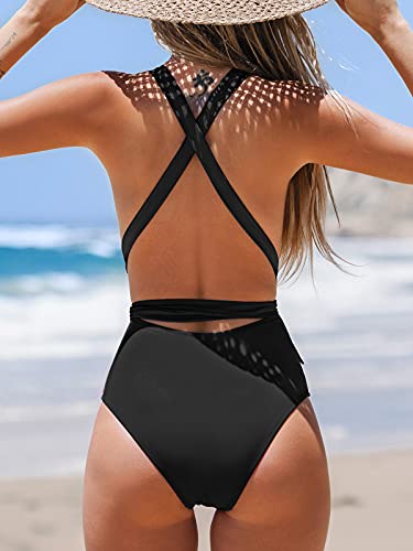 CUPSHE Women's One Piece Swimsuit Deep Plunge Crisscross Back Self Tie Swimwear Bathing Suit Swimming Costume Black L