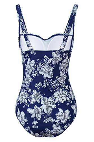 Aidotop Womens One Piece Swimsuit Tummy Control with Ruched Monokinis Tribal Swimsuits (Blue White Flower, L)