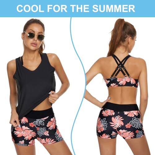 JASAMBAC Bathing Suits for Women Tummy Control Retro Leaf Floral Printed Sport Athletic Swimsuits Black M
