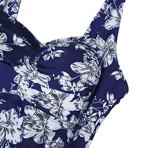 Aidotop Womens One Piece Swimsuit Tummy Control with Ruched Monokinis Tribal Swimsuits (Blue White Flower, L)