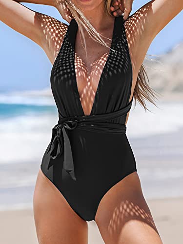 CUPSHE Women's One Piece Swimsuit Deep Plunge Crisscross Back Self Tie Swimwear Bathing Suit Swimming Costume Black L