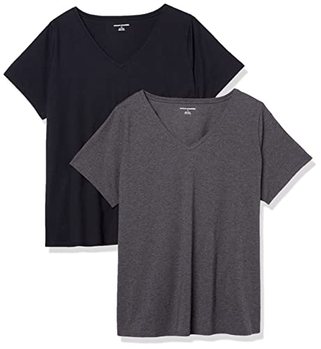 Amazon Essentials Women's Classic-Fit 100% Cotton Short-Sleeve V-Neck T-Shirt (Available in Plus Size), Pack of 2, Black/Charcoal Heather, M
