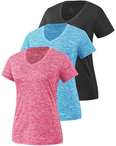 Star Vibe 3 Pack Women's Short Sleeve Dry Fit T-Shirts Moisture Wicking Athletic V-Neck Gym Tee Exercise Yoga Tops Black/Blue/Rose L