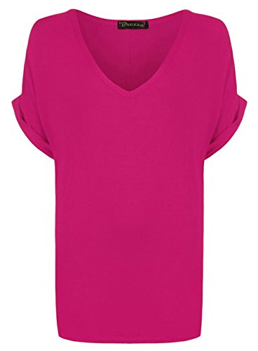 WearAll Women's New Plus Size Womens Short Turn Up Sleeve Baggy Plain Top Ladies V-Neck T-Shirt Cerise 16-18