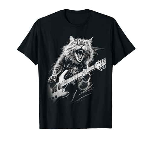 Rock Cat Playing Guitar mens woman Funny Guitar Cat T-Shirt