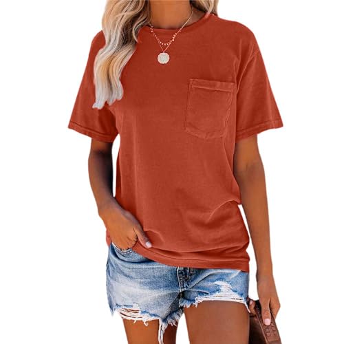 T Shirts for Women Short Sleeve Crew Neck Basic Summer Tee Tops with Pocket Casual Loose Fitting Blouse