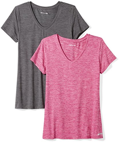 Amazon Essentials Women's Tech Stretch Short-Sleeved V-Neck T-Shirt (Available in Plus Sizes), Pack of 2, Charcoal Heather Space Dye/Raspberry Red Space Dye, XXL