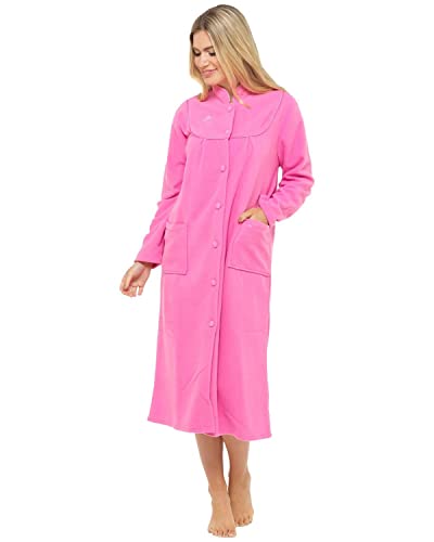 Ladies Fleece Dressing Gown Sizes UK 10 to 26 Robe wrap Button Front Pockets (14/16, Pink)