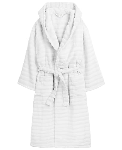 Olivia Rocco Ladies Dressing Gown Super Soft Hooded Bathrobe Winter Cozy Hydro Cotton Ribbed Bath Wrap Highly Absorbent Bath Robe for Women Men, WHITE L/XL