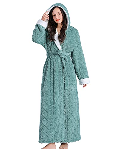 LOCIIXAT Women Sherpa Fleece Wrap Robe Long Fluffy Dressing Gown with Hooded, Green 14-18 UK