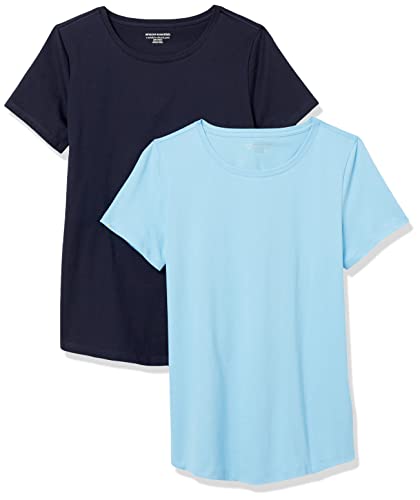 Amazon Essentials Women's Classic-Fit 100% Cotton Short-Sleeve Crewneck T-Shirt (Available in Plus Size), Pack of 2, Navy/Light Blue, XL