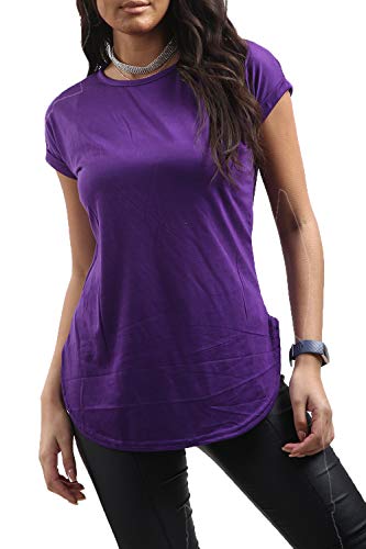 Fashion Star Womens Curved Hem Jersey Plain Top Round Neck Turn Up Cap Sleeve T-Shirt Plain Purple M/L (UK 12/14)
