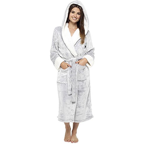 Style It Up Ladies Luxurious Soft Dressing Gown Hooded Plain Fluffy Snuggle Fleece Warm Robe, (GREY, 16-18)