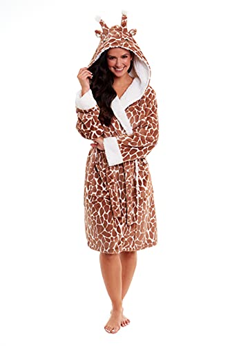 Habigail Ladies Luxury Plush Shimmer Fleece Dressing Gown Bathrobe - (Giraffe, M)