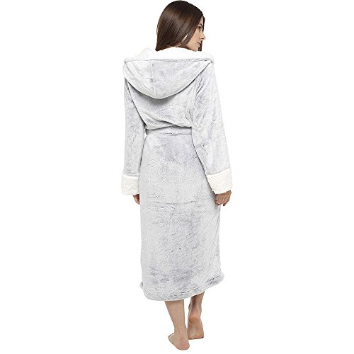 Style It Up Ladies Luxurious Soft Dressing Gown Hooded Plain Fluffy Snuggle Fleece Warm Robe, (GREY, 16-18)