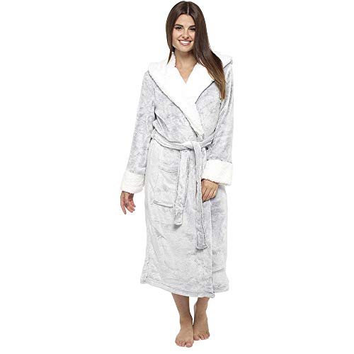 Style It Up Ladies Luxurious Soft Dressing Gown Hooded Plain Fluffy Snuggle Fleece Warm Robe, (GREY, 16-18)