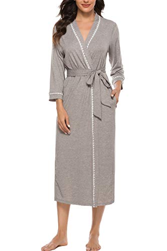 Vlazom Womens Dressing Gown Soft Kimono Robe V-Neck Long Knit Bathrobe Nightwear Sleepwear for All Seasons, Style A-Grey, M