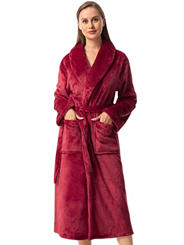 Vislivin Fluffy Bathrobe for Women Soft Fleece Dressing Gown Ladies Warm Loungewear Robe Wine Red-2 M