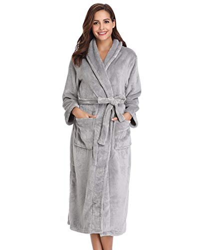 Vlazom Women Dressing Gown, Flannel Soft Bathrobe Cosy Robes Fluffy Warm Housecoat for Cold Winter, 43813, Light Grey