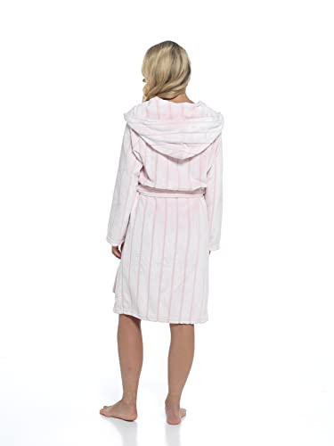 Daisy Dreamer Womens Snuggle Fleece Dressing Gown Robes Extra Long Super Soft Cuddly Velvet Touch Plush Bathrobe Gowns for Ladies, Pink Stripe 12-14