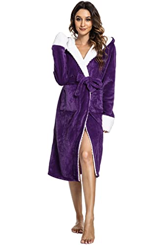 UMIPUBO Women Dressing Gown Fleece Oversized Hooded Soft Bath Robe Fluffy Hooded Bathrobe Winter Blanket With Pocket Long Robe Housecoat Loungewear （Purple）