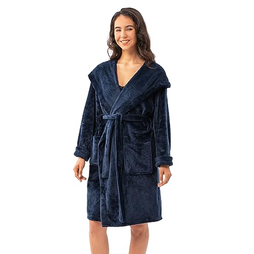 Winthome dressing gown for Women Men, Super Soft Fleece Bathrobe with Hood, Winter Cozy Fluffy Bath Robe, Gift for Family Friends (Classic Blue XL)