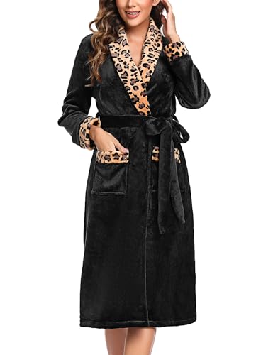 Marvmys Women Dressing Gown Luxury Ladies Dressing Gown Super Soft Kimono Fleece Women's Robe Fluffy Long Robe Comfortable Loungewear and Nightwear Black S