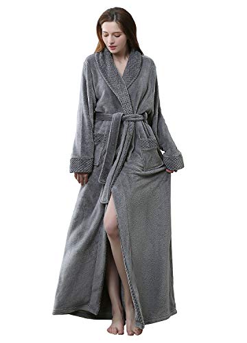 CaiDieNu Womens Long Robe Fleece Dressing Gown Plush Luxury Bathrobe Ladies Shawl Collar Housecoat Sleepwear,S/M,Gray