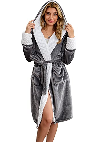 CMTOP Ladies Soft Cosy Hooded Dressing Gown Plush Bath Robe for Women Housecoat Loungewear Bathrobe Terry Towelling Cotton Highly Absorbent