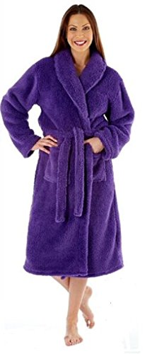 Ladies Luxury Soft Fluffy Fleece Dressing Gown Robe wrap Tie Belt (14/16, Purple)