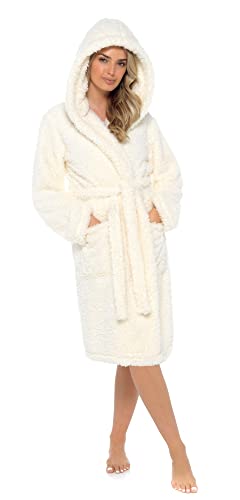 Lora Dora Womens Luxury Teddy Bear Fleece Hooded Robe Ladies Dressing Gown Housecoat Gift Cream L/UK 16-18