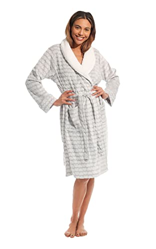 Light & Shade Ladies Supersoft Fleece Dressing Gown Robe, Grey Heart, L/XL