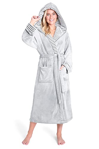 CityComfort Ladies Dressing Gown Fluffy Super Soft Hooded Bathrobe for Women Plush Fleece Perfect Loungewear Long Robe (S, Two Tone Grey)