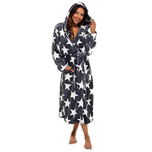 INSIGNIA Ladies Dressing Gown Fluffy Super Soft Hooded (L, Grey Star)