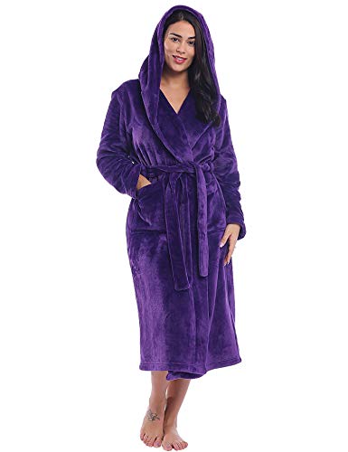 Amorbella Luxury Fleece Dressing for Women Hooded Gown Fluffy Robes Full Length (Purple, Small)
