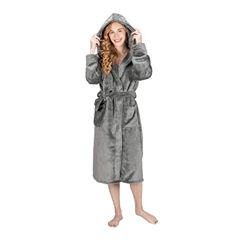 MONHOUSE Womens Dressing Gown - Premium Super Soft & Cosy Long Bathrobe - Ladies Thick Flannel Luxury Housecoat - Warm Fluffy Shearling Spa Robe for Her - Sherpa Bathrobe - Dark Grey UK 12-14