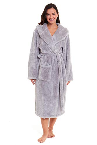 Daisy Dreamer Womens Snuggle Fleece Dressing Gown Robes Extra Long Super Soft Cuddly Velvet Touch Plush Bathrobe Gowns For Ladies, Snuggle Grey Medium 12-14