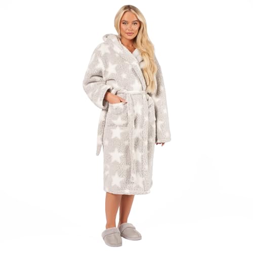 OHS Womens Dressing Gowns Teddy Marl Stars Grey, Fluffy Dressing Gown Warm Cosy Bathrobes Women Hooded Luxury Oversized Ladies Dressing Gown, One Size