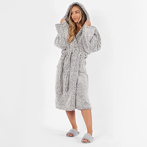 Brentfords Teddy Marl Super Soft Warm Fleece Adults Dressing Gown Full-Length Womens Ladies Robe, Charcoal Grey