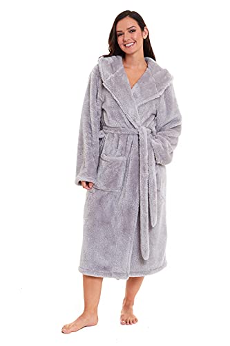 Daisy Dreamer Womens Snuggle Fleece Dressing Gown Robes Extra Long Super Soft Cuddly Velvet Touch Plush Bathrobe Gowns For Ladies, Snuggle Grey Medium 12-14