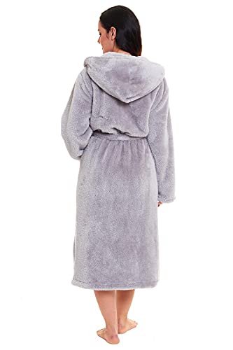 Daisy Dreamer Womens Snuggle Fleece Dressing Gown Robes Extra Long Super Soft Cuddly Velvet Touch Plush Bathrobe Gowns For Ladies, Snuggle Grey Medium 12-14