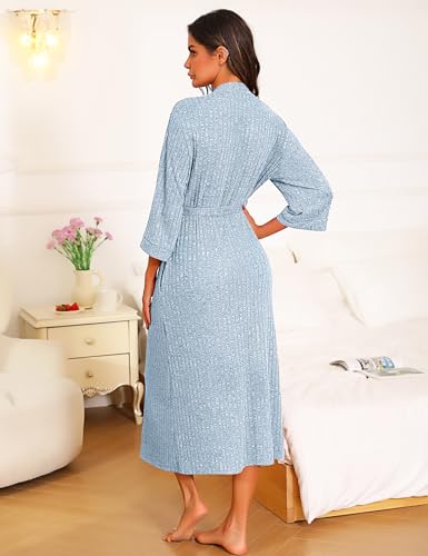 Marvmys Womens Dressing Gown Soft Kimono Robe Lightweight Long Knit Bathrobe Pocket Bath Robes 3/4 Length Sleeves Nightwear Sleepwear for All Seasons Blue XXL