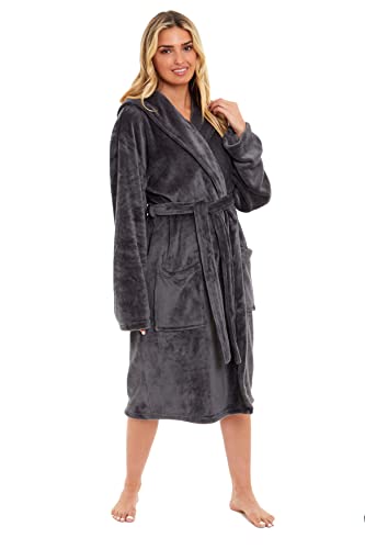 Daisy Dreamer Womens Hooded Dressing Gown Robes Flannel Fleece Long Super Soft Plush Robe Bathrobe Gowns for Ladies (Charcoal, M)