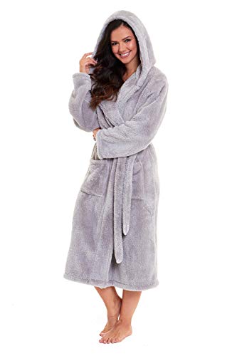 Daisy Dreamer Womens Snuggle Fleece Dressing Gown Robes Extra Long Super Soft Cuddly Velvet Touch Plush Bathrobe Gowns For Ladies, Snuggle Grey Medium 12-14