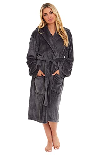 Daisy Dreamer Womens Hooded Dressing Gown Robes Flannel Fleece Long Super Soft Plush Robe Bathrobe Gowns for Ladies (Charcoal, M)